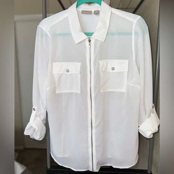 Sheer white front zip top with cuffed sleeves chicos size 1 - Picture 1 of 5